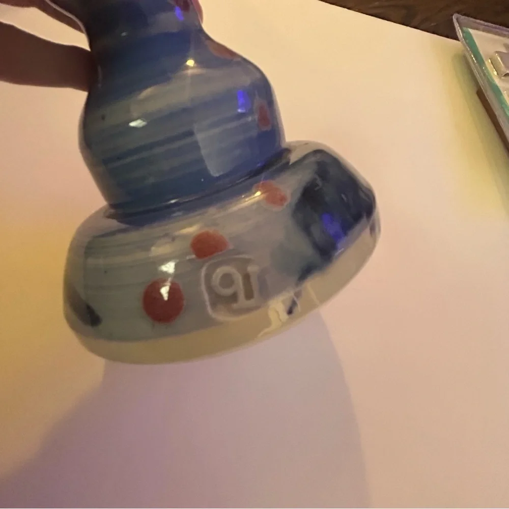 Glazed pottery oil lamp jar handmade stamped 5